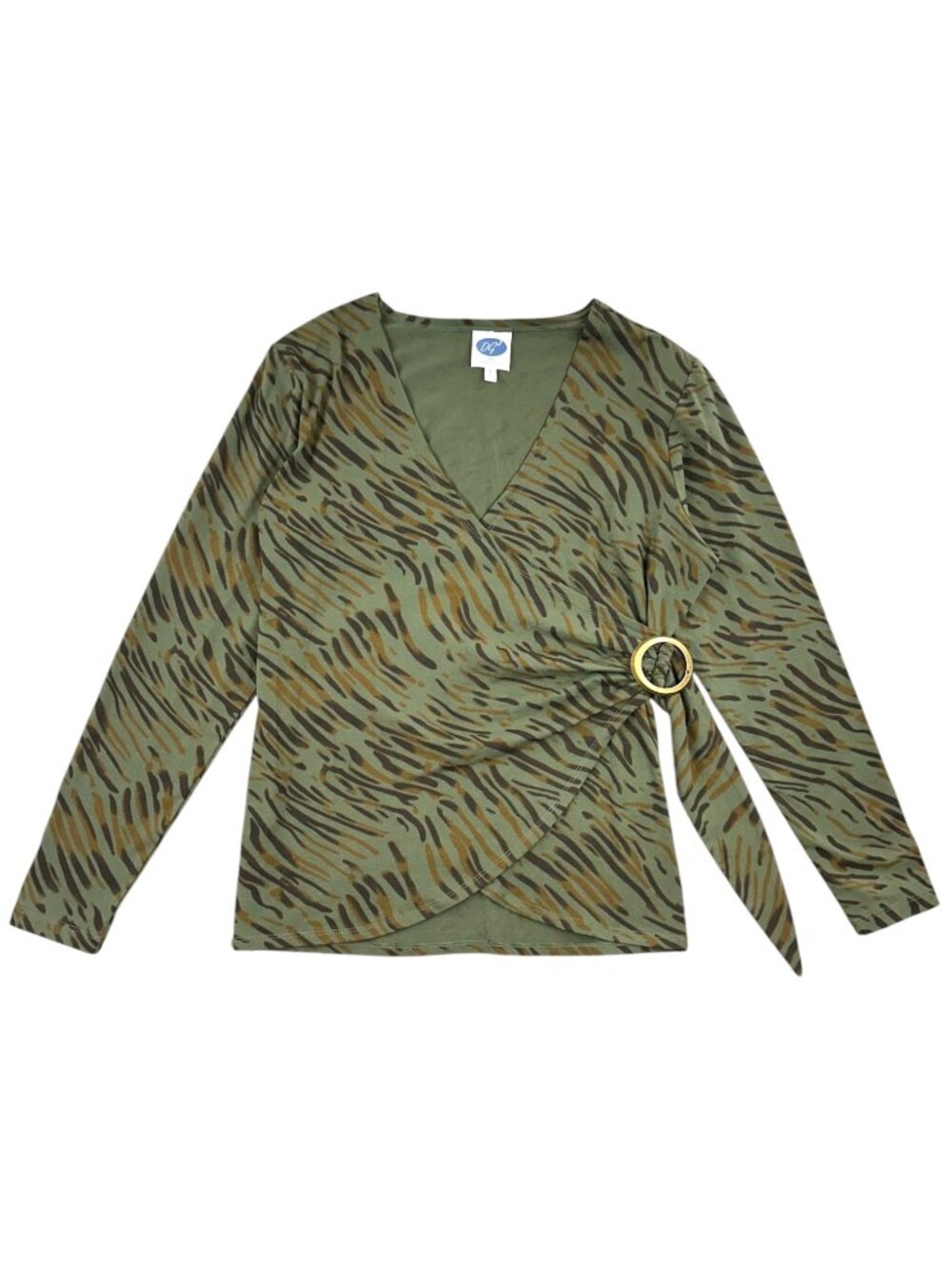 Y2K Olive Green Tiger Print Faux Wrap Top with Surplice Neckline and Ring Detail